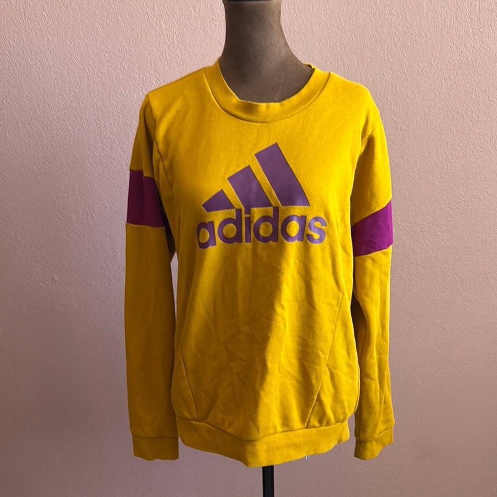 Adidas Women's Yellow Crew Neck Sweater with Purple Logo